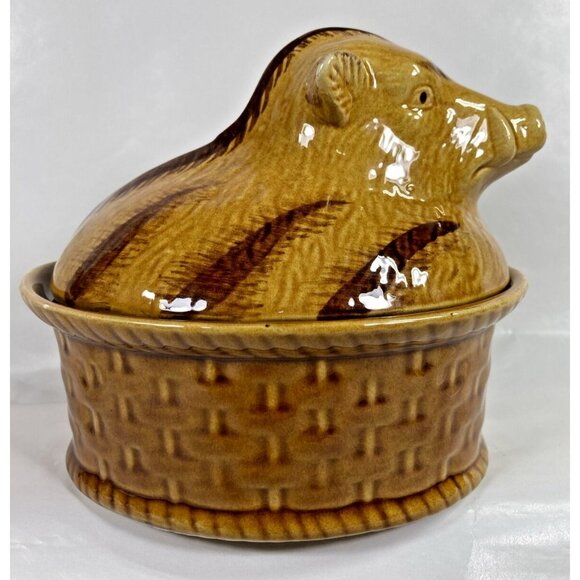 Vintage Majolica Covered Wild Boar Pig Ceramic Casserole Tureen Portugal - Picture 2 of 12